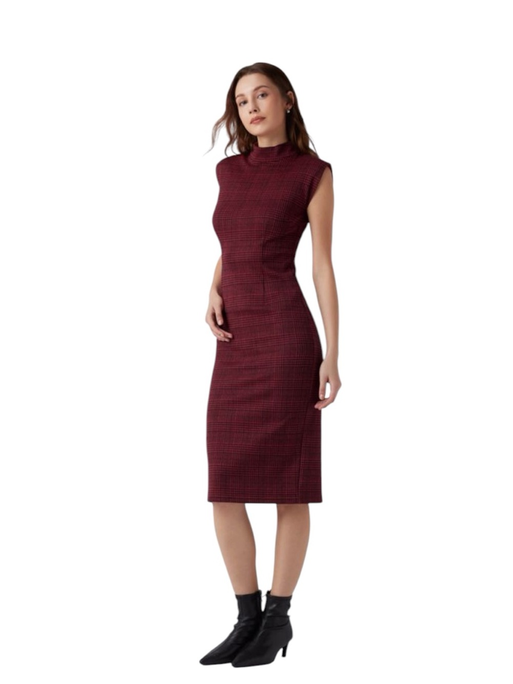 Halara High Neck Sleeveless Burgundy Houndstooth Bodycon Dress NWT Size M